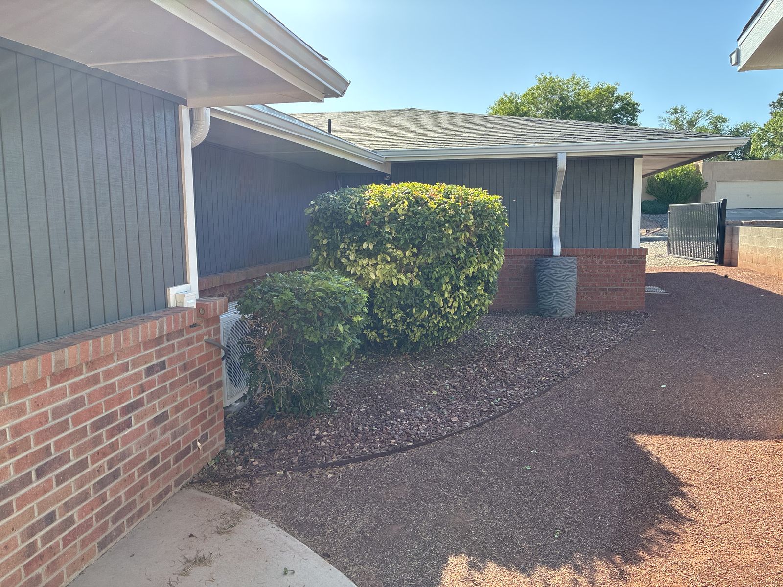 Trimmed shrubs above a tidy gravel bed